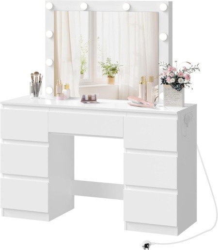 Masuta machiaj cu Oglinda LED si 7 Sertare pentru Cosmetice, Set Masa toaleta 110 cm, Alb, masuta cosmetica, vanity - SEA907 - Img 3