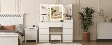 Masuta machiaj cu Oglinda LED si 7 Sertare pentru Cosmetice, Set Masa toaleta 110 cm, Alb / Negru / Roz, masuta cosmetica, vanity - SEA820 - Img 8