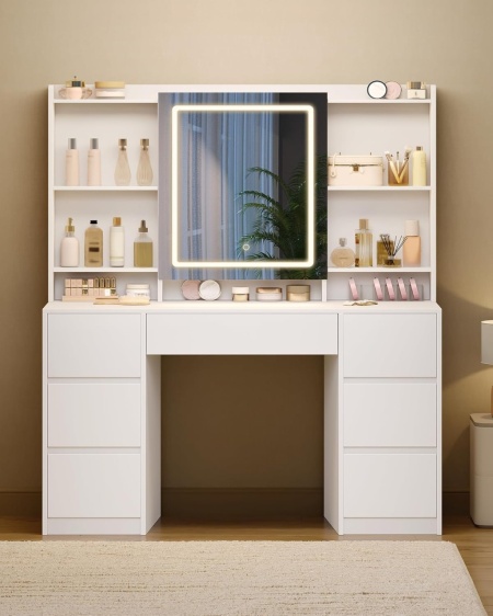 Masuta machiaj cu Oglinda LED si 7 Sertare pentru Cosmetice, Set Masa toaleta 108 cm, Alb, masuta cosmetica, vanity - SEA4 - Img 3