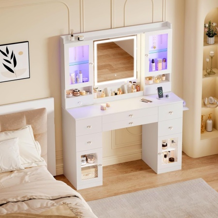 Masuta machiaj cu Oglinda LED si 8 Sertare pentru Cosmetice, Set Masa toaleta 107 cm, Alb, masuta cosmetica, vanity - SEA835 - Img 4