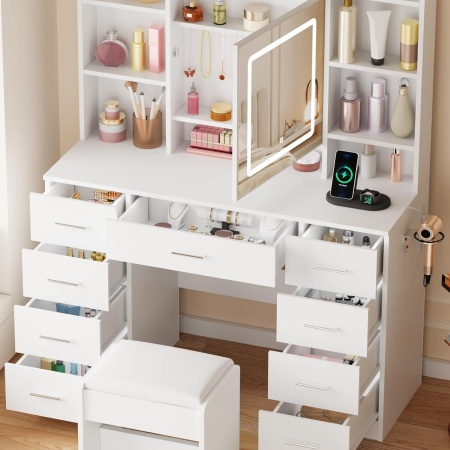 Masuta machiaj cu Oglinda LED si 9 Sertare pentru Cosmetice, Set Masa toaleta 110 cm, Alb, masuta cosmetica, vanity - SEA824 - Img 3