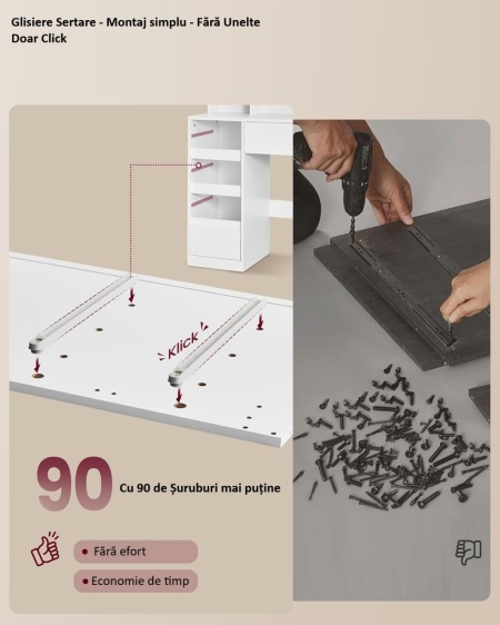 Masuta machiaj cu Oglinda LED si 9 Sertare pentru Cosmetice, Set Masa toaleta 107 cm, Alb, masuta cosmetica, vanity - SEA11 - Img 3