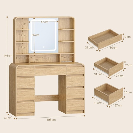 Masuta machiaj cu Oglinda LED si 9 Sertare pentru Cosmetice, Set Masa toaleta 108 cm, cu Priza si USB, masuta cosmetica Maro, vanity cu Rafturi - SEM1 - Img 3