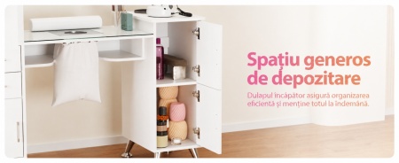 Masuta manichiura Alba / Roz / Neagra, 122 cm, birou cu Blat din Sticla, masa cosmetica pentru salon cu Aspirator Incorporat, Pernita si Vitrina din Sticla - MANIA214 - Img 11
