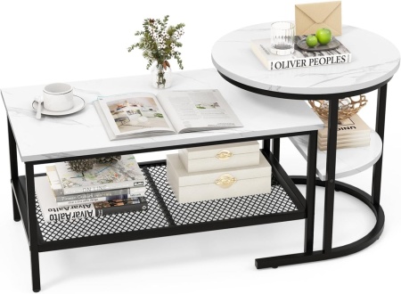 MCAU19 - Set 2 masute de cafea 80 cm si 52 cm, mese pentru living - Alb - Negru / Auriu - Img 9