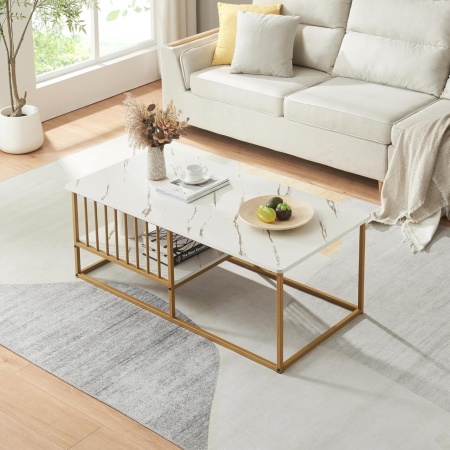 MCAU20 - Masuta de cafea 120 cm, masa pentru living imitatie marmura - Alb - Auriu / Negru - Img 12