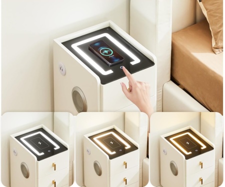 NOA1 - Set 2x Noptiere Smart, 30 cm, cu 3 sertare, LED, USB, Bluetooth, Incarcator Wireless, mobilier dormitor - Alb - Img 9