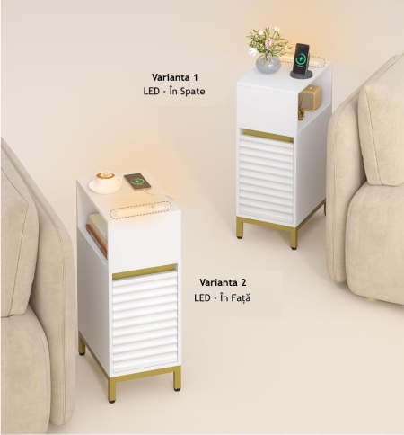 NOA2 - Set 2 Noptiere, 24 cm, foarte inguste, LED, USB si USB-C, Riflaje dormitor - Alb - Auriu - Img 7
