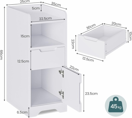 NOA202 - Set 2x Noptiere foarte inguste, 25 cm, cu sertar, dulap si raft - Alb - Img 3