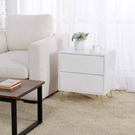 NOA222 - Noptiera cu 2 sertare si picioare metalice, 50 cm, dormitor, living, hol - Alb-Auriu