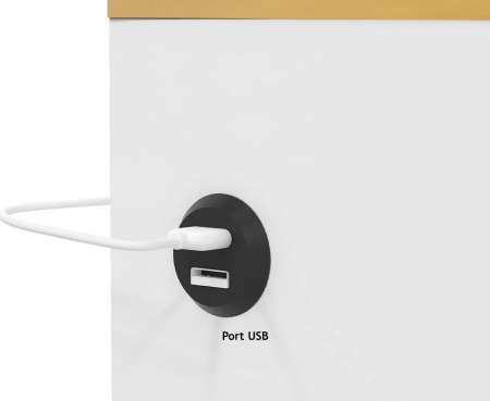 NOA226 - Noptiera alba 45 cm, cu 3 sertare, cu LED si USB pentru dormitor - Alb-Auriu - Img 6