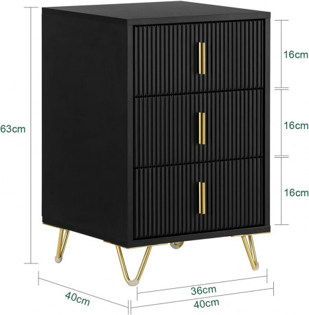 NON12 - Set 2x Noptiere negre 40x40x63cm, riflaje, cu 3 sertare, dormitor - Negru-Auriu - Img 5