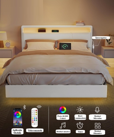 PAA2 - Pat tapitat, 140 / 160 x 200 cm cu USB, USB-C, LED, si Raft - Alb Piele Ecologica - Img 2