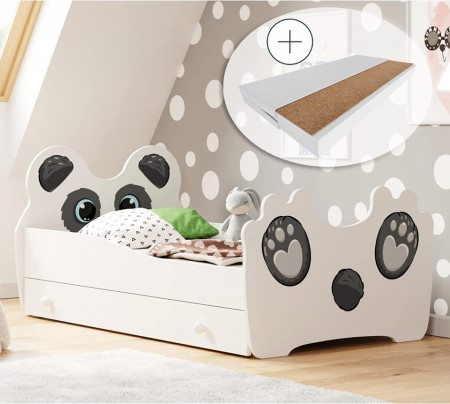 PAAC203 - Pat pentru fetite sau baieti, 80x160 cm, model Panda, cu somiera, saltea si sertar
