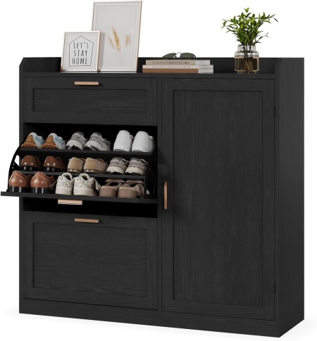 Pantofar Alb sau Negru, 100 cm, pantofare, depozitare pantofi cu 2 Compartimente, Sertar si Dulapior, mobilier hol - PANA41 - Img 4