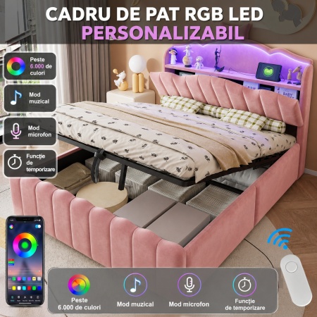 PARC208 - Pat tapitat cu LED, 140 x 200 cm - Pat copii, fetite cu Spatiu depozitare, Porturi USB si USB-C - Catifea Roz / Crem - Img 12