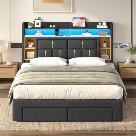 Pat tapitat Gri, 140 x 200 cm, cu USB, USB-C, LED, 2 Sertare, Somiera Hidraulica, Spatiu depozitare si Rafturi - PAG202 - Img 2