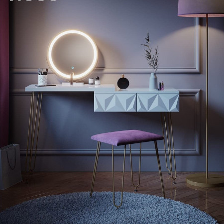 SEA391 - Set Masa toaleta, 120 cm, cosmetica machiaj, oglinda cu LED, masuta vanity, scaun tapitat - Alb-Auriu