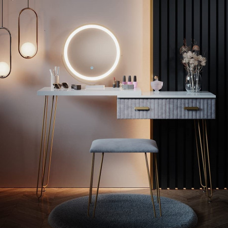 SEA393 - Set Masa toaleta, 120 cm, cosmetica machiaj, oglinda cu LED, masuta vanity, scaun tapitat - Alb-Auriu-Gri