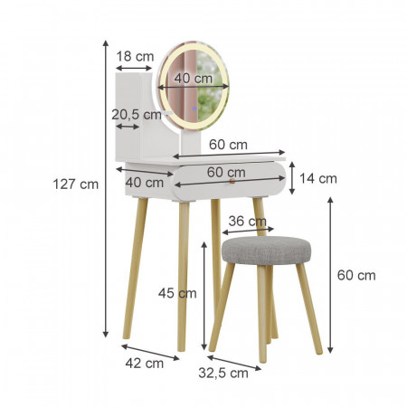 SEA448 - Set Masa toaleta 60 cm cosmetica machiaj, oglinda cu LED, masuta vanity - Alb - Img 3