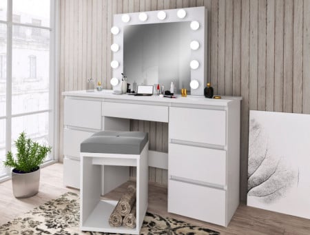 SEA516 - Set Masa toaleta, 120 cm, cosmetica machiaj, masuta vanity, oglinda cu LED-uri - Alb