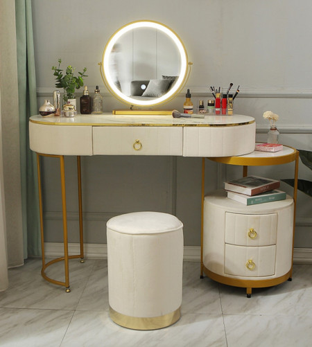 SEA79 - Set Masa toaleta, 100 cm, cosmetica, masa machiaj cu oglinda LED si scaun, masuta vanity - Alb-Auriu