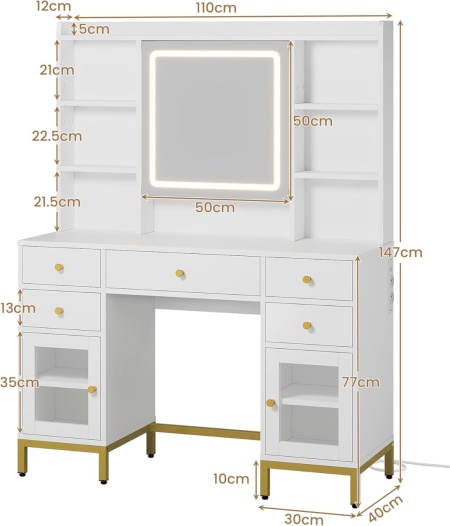 SEA827 - Set Masa toaleta 110 cm, cu Priza si USB, 5 Sertare, rafturi, Oglinda cu LED, Organizator Bijuterii, masuta vanity, make-up - Alb - Auriu - Img 2