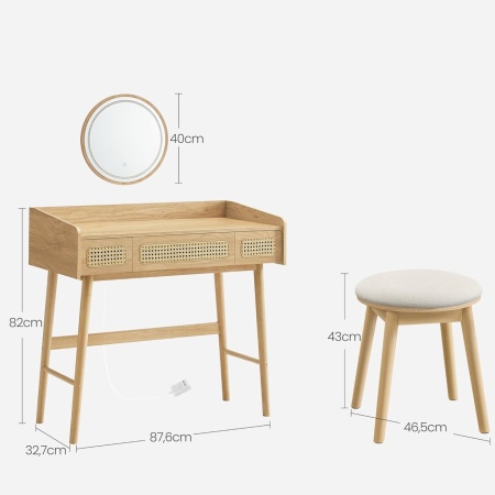 SEM20 - Set Masa toaleta, 87 cm, masa machiaj cu oglinda cu LED, masuta vanity cu sau fara scaun - Maro - Img 2