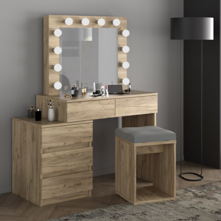 SEM510 - Set Masa toaleta, 112 cm, cosmetica machiaj oglinda masuta vanity, oglinda cu LED-uri cu sau fara scaun - Culoarea Stejar