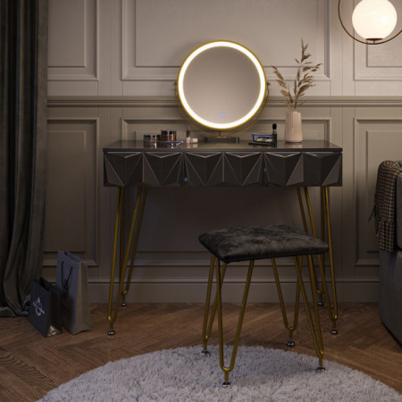 SEN241 - Set Masa toaleta, 100 cm, cosmetica machiaj, oglinda, masuta vanity - Negru-Auriu