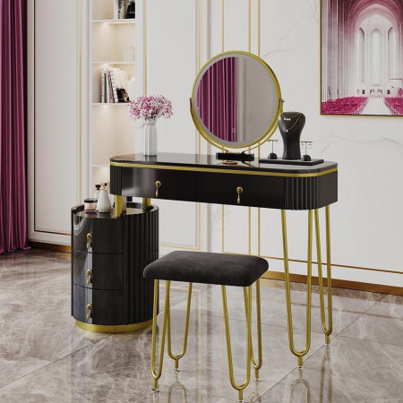 SEN243 - Set Masa toaleta, 100 cm, cosmetica machiaj, oglinda cu LED, masuta vanity, scaun tapitat - Negru-Auriu