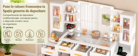 Set Masa toaleta alba 160 cm, cu Priza si USB, cosmetica, machiaj, oglinda cu LED, masuta vanity cu Blat de Sticla, make-up - SEA437 - Img 6
