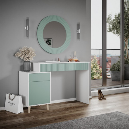 SEV201 - Set Masa alba toaleta 120 cm cosmetica machiaj, oglinda, masuta vanity, Alb-Verde