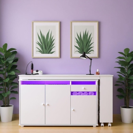 Birou, Masuta manichiura pentru Colt Alba / Neagra, 135 x 114 cm, LED, masa cosmetica pentru salon cu Rafturi deschise si Roti - MANIA217 - Img 6