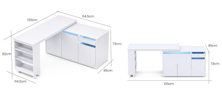 Birou, Masuta manichiura pentru Colt Alba / Neagra, 135 x 114 cm, LED, masa cosmetica pentru salon cu Rafturi deschise si Roti - MANIA217 - Img 8