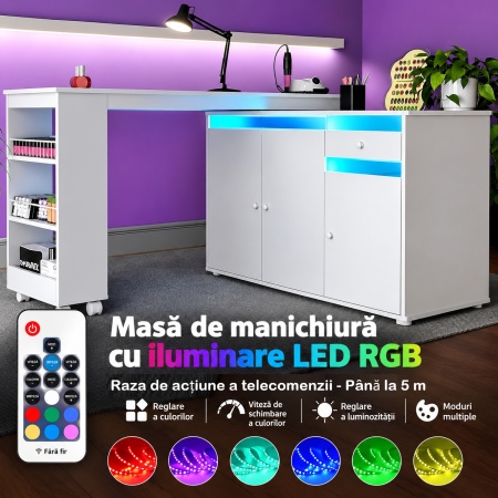 Birou, Masuta manichiura pentru Colt Alba / Neagra, 135 x 114 cm, LED, masa cosmetica pentru salon cu Rafturi deschise si Roti - MANIA217 - Img 12