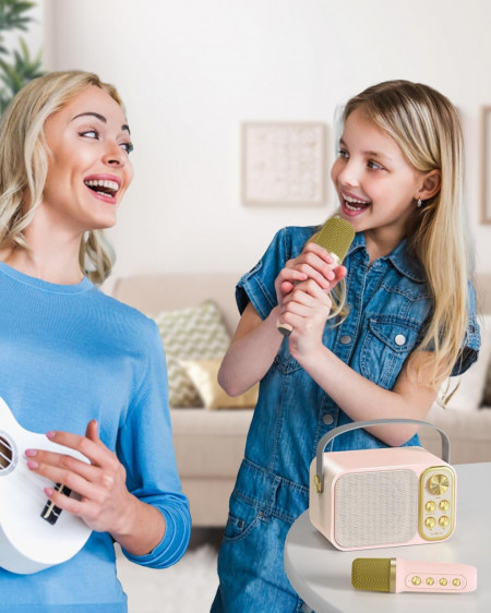 CADC1 - Set Sistem Mini Karaoke si 2 Mini Microfoane, Jucarii copii, Cadou pentru Craciun, Petreceri in familie - Roz - Img 3