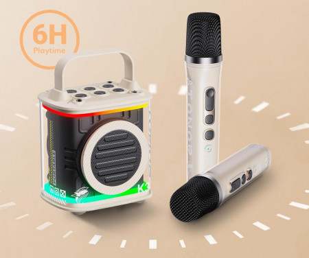 CADC14 - Set Sistem Mini Karaoke si 2 Mini Microfoane, Jucarii copii, Cadou pentru Craciun, Petreceri in familie - Bej - Img 2