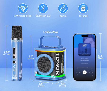 CADC15 - Set Sistem Mini Karaoke si 2 Mini Microfoane, Jucarii copii, Cadou pentru Craciun, Petreceri in familie - Albastru - Img 4