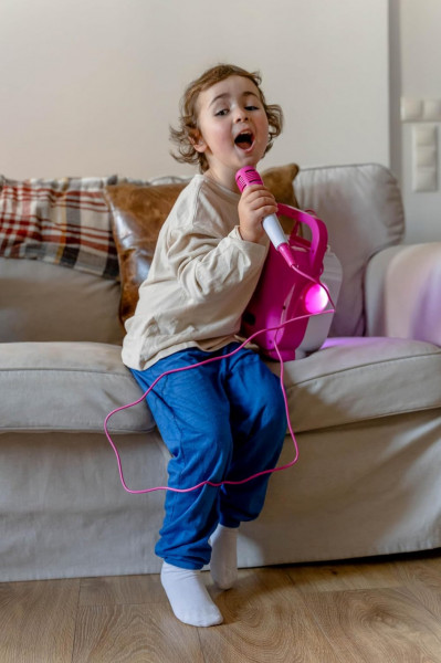 CADC6 - Set Sistem Mini Karaoke si 2 Mini Microfoane, Jucarii copii, Cadou pentru Craciun, Petreceri in familie - Roz - Img 5