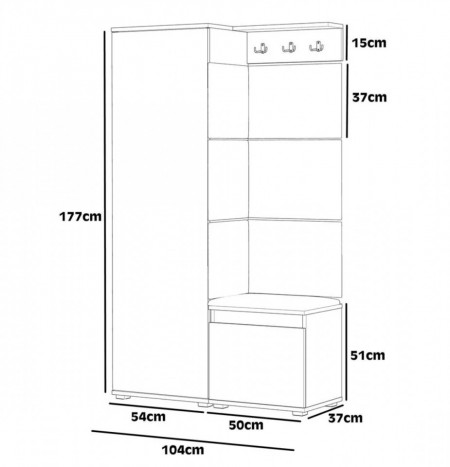 CUI514 - Cuier 104x37x177 cm - 3 agatatori haine, hol, pantofar - Stejar, tapiterie Turcoaz/Gri/Albastru - Img 2