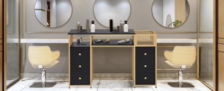 MANIAU205 - Masuta manichiura, birou, 125 cm, masa cosmetica pentru salon - Alb / Negru - Auriu - Img 11