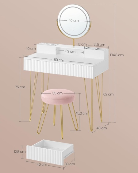 Masuta machiaj alba cu Oglinda LED si 2 Sertare pentru Cosmetice, Set Masa toaleta 80 cm sau 100 cm, masuta cosmetica cu Riflaj, vanity - SEA801 - Img 2