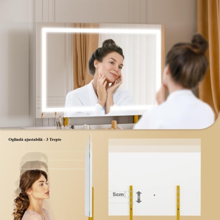 Masuta machiaj alba cu Oglinda LED si 4 Sertare pentru Cosmetice, Set Masa toaleta 80 cm, masuta cosmetica cu Riflaj, vanity - SEA826 - Img 5