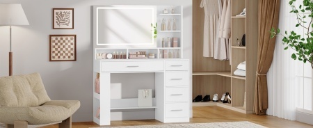 Masuta machiaj cu Oglinda HD LED si 5 Sertare pentru Cosmetice, Set Masa toaleta 108 cm, Alb, masuta cosmetica, vanity - SEA13 - Img 10