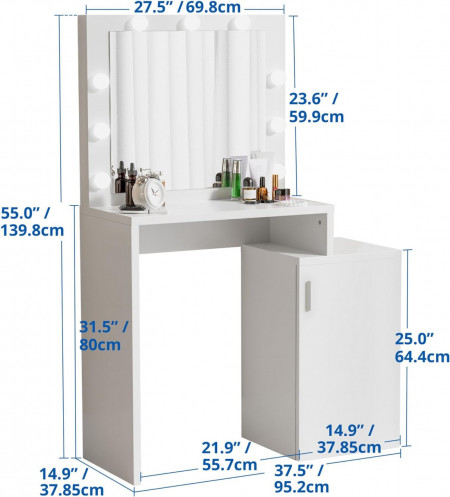 Masuta machiaj cu Oglinda LED, Set Masa toaleta 96 cm, Alb, masuta cosmetica, vanity - SEA458 - Img 5
