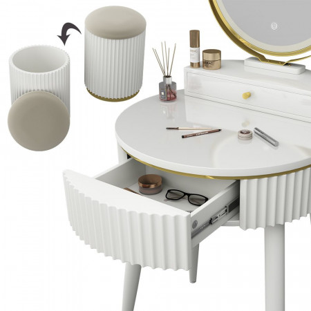 Masuta machiaj cu Oglinda LED si 1 Sertar pentru Cosmetice, Set Masa toaleta 60 cm, Alb, masuta vanity cu Riflaj, cosmetica - SEA459 - Img 4