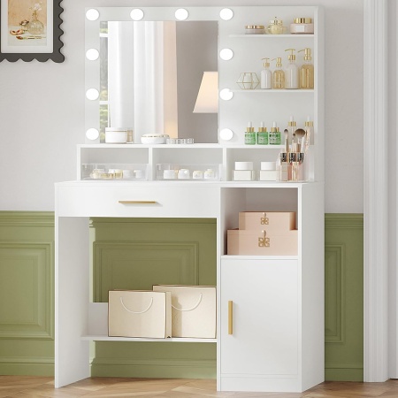 Masuta machiaj cu Oglinda LED si 1 Sertar pentru Cosmetice, Set Masa toaleta 80 cm, Alb / Negru / Gri, masuta cosmetica, vanity - SEG19 - Img 2