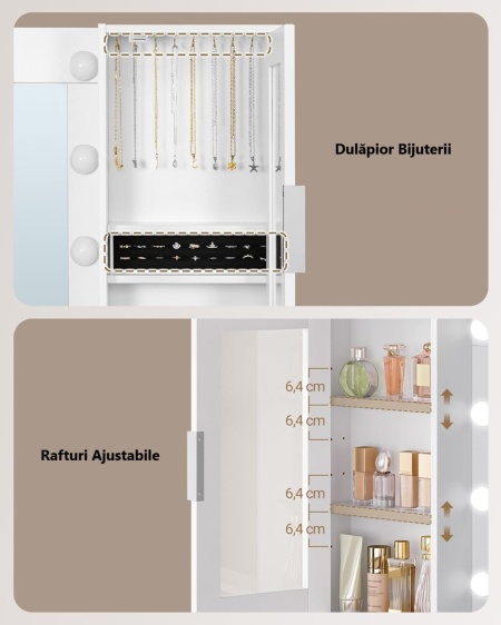 Masuta machiaj cu Oglinda LED si 10 Sertare pentru Cosmetice, Set Masa toaleta 150 cm, Alb, masuta cosmetica cu Priza si USB, vanity cu Suport Uscator de Par si Dulapior Bijuterii - SEA10 - Img 10