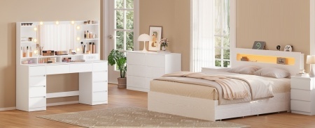Masuta machiaj cu Oglinda LED si 10 Sertare si Rafturi pentru Cosmetice, Set Masa toaleta 137 cm, Alb, masuta cosmetica, vanity - SEA22 - Img 3